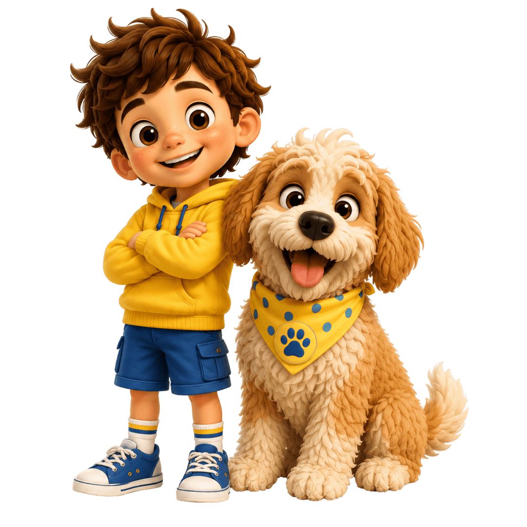 Olli, a young boy in a yellow hoodie, standing with his arm around Waffle, a cream and apricot goldendoodle in a yellow bandana