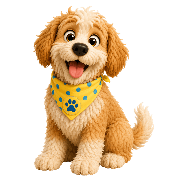 Waffle the goldendoodle sitting and smiling, cream and apricot curly coat, white blaze down the face, wearing a yellow bandana with blue dots and a blue paw badge