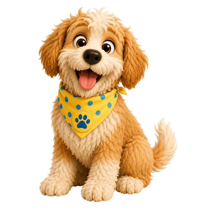 Waffle the goldendoodle sitting and smiling, cream and apricot curly coat, white blaze down the centre of his face, floppy apricot ears, wearing a yellow bandana with blue dots and a blue paw badge