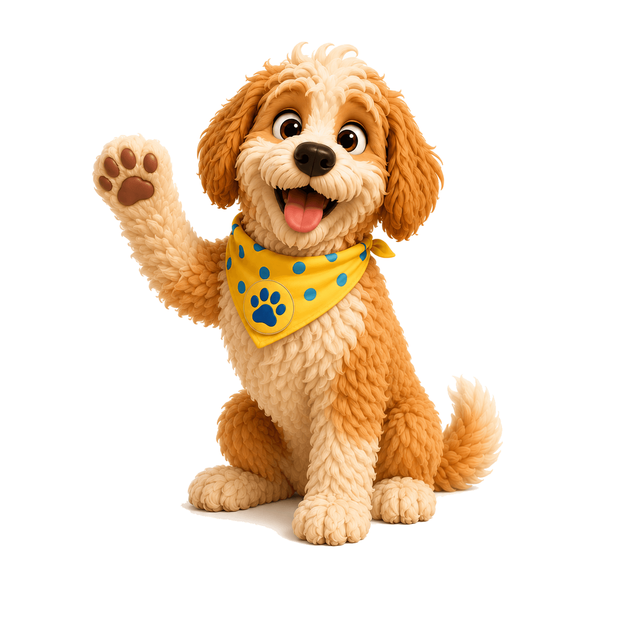 Waffle sitting and waving a paw